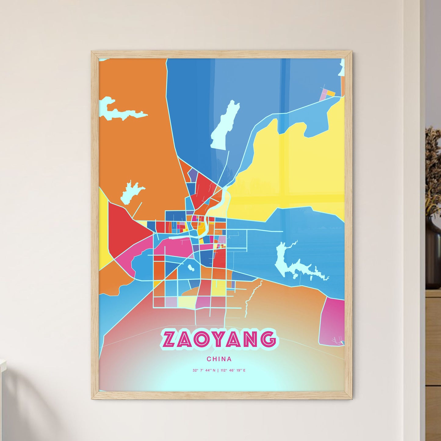 Colorful ZAOYANG CHINA Fine Art Map Crazy Colors