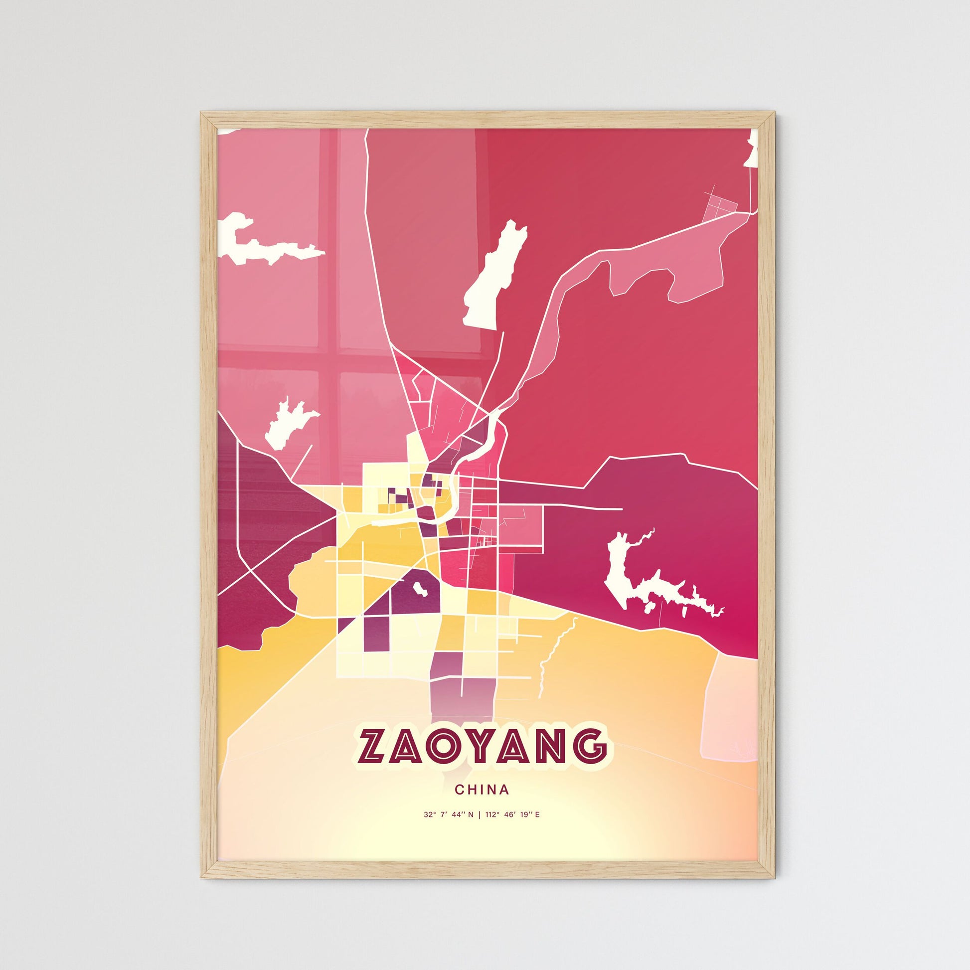 Colorful ZAOYANG CHINA Fine Art Map Hot Red