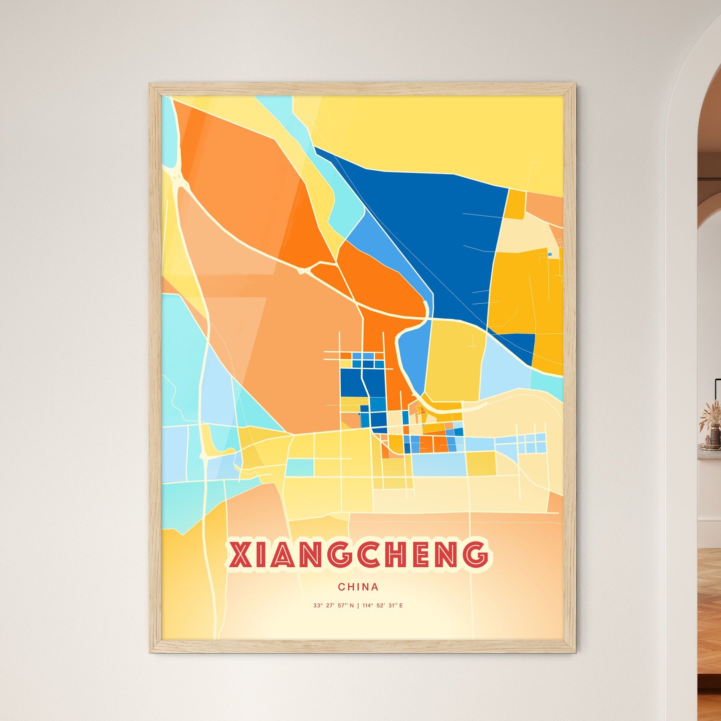 Colorful XIANGCHENG CHINA Fine Art Map Blue Orange