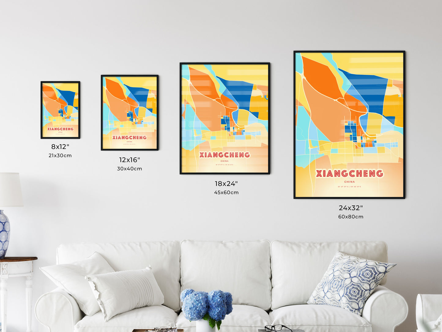 Colorful XIANGCHENG CHINA Fine Art Map Blue Orange