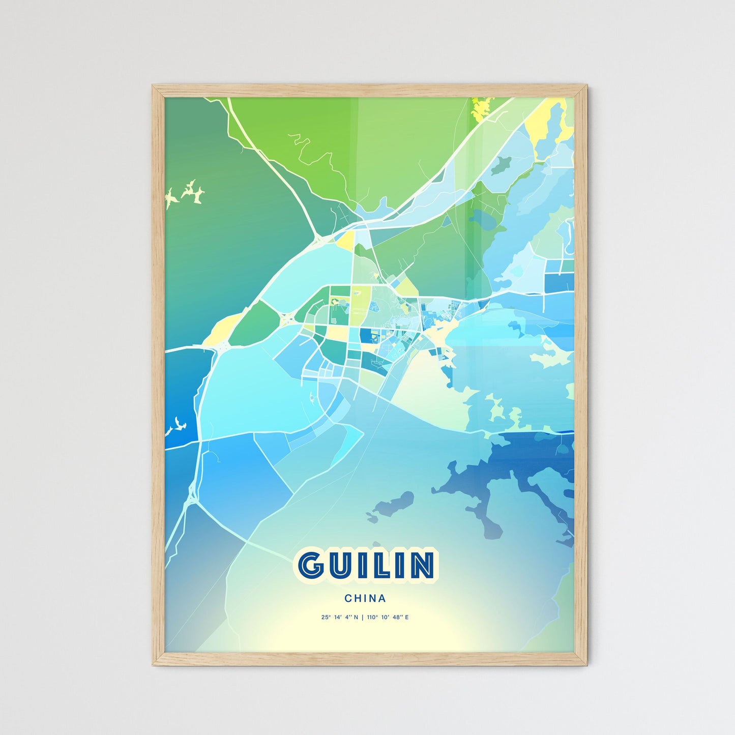 Colorful GUILIN CHINA Fine Art Map Cool Blue