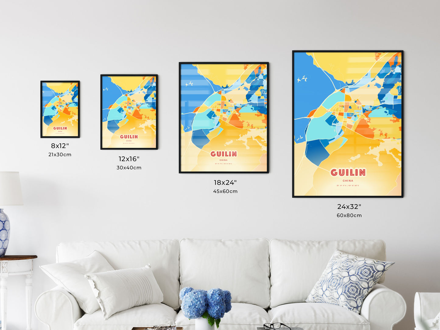 Colorful GUILIN CHINA Fine Art Map Blue Orange