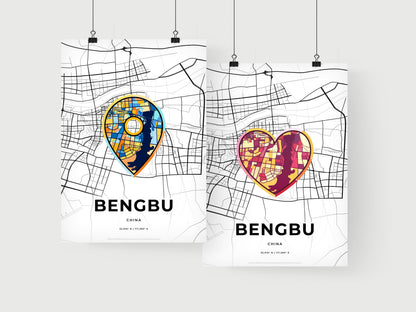 BENGBU CHINA minimal art map with a colorful icon. Where it all began, Couple map gift.
