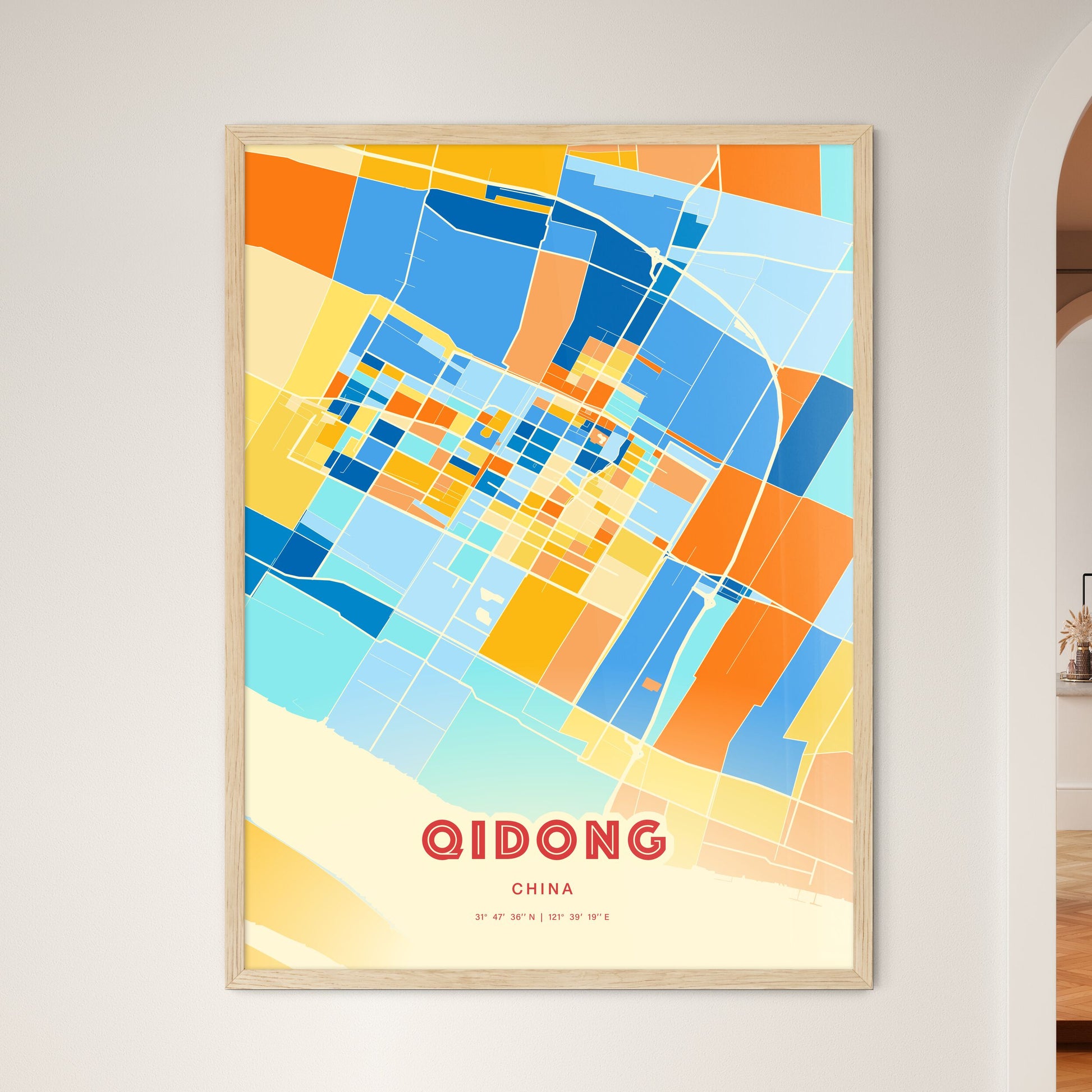 Colorful QIDONG CHINA Fine Art Map Blue Orange