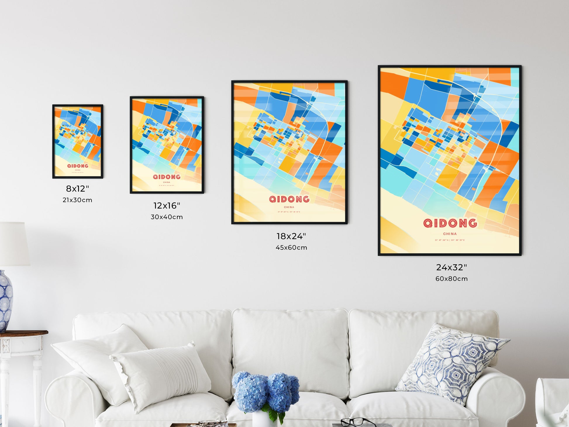 Colorful QIDONG CHINA Fine Art Map Blue Orange