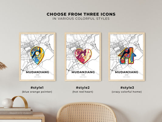 Mudanjiang China maps with colorful icons