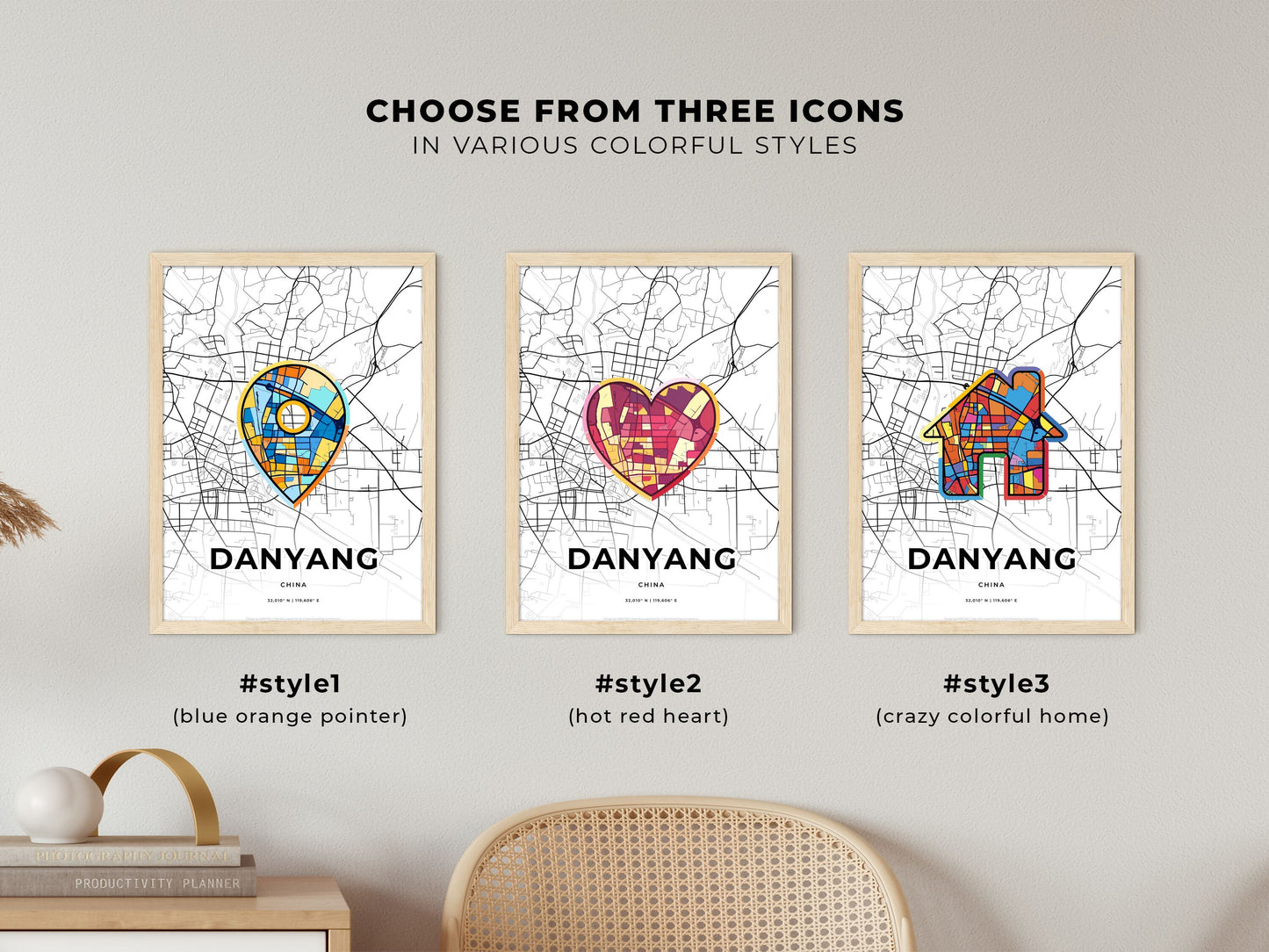 DANYANG CHINA minimal art map with a colorful icon. Where it all began, Couple map gift.