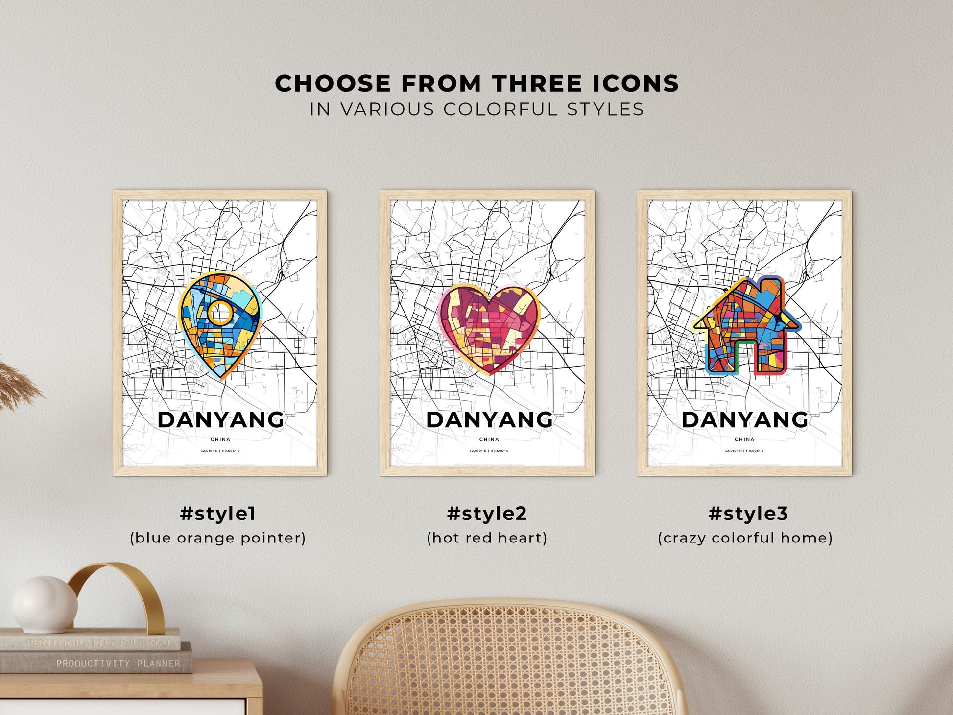 DANYANG CHINA minimal art map with a colorful icon. Where it all began, Couple map gift.