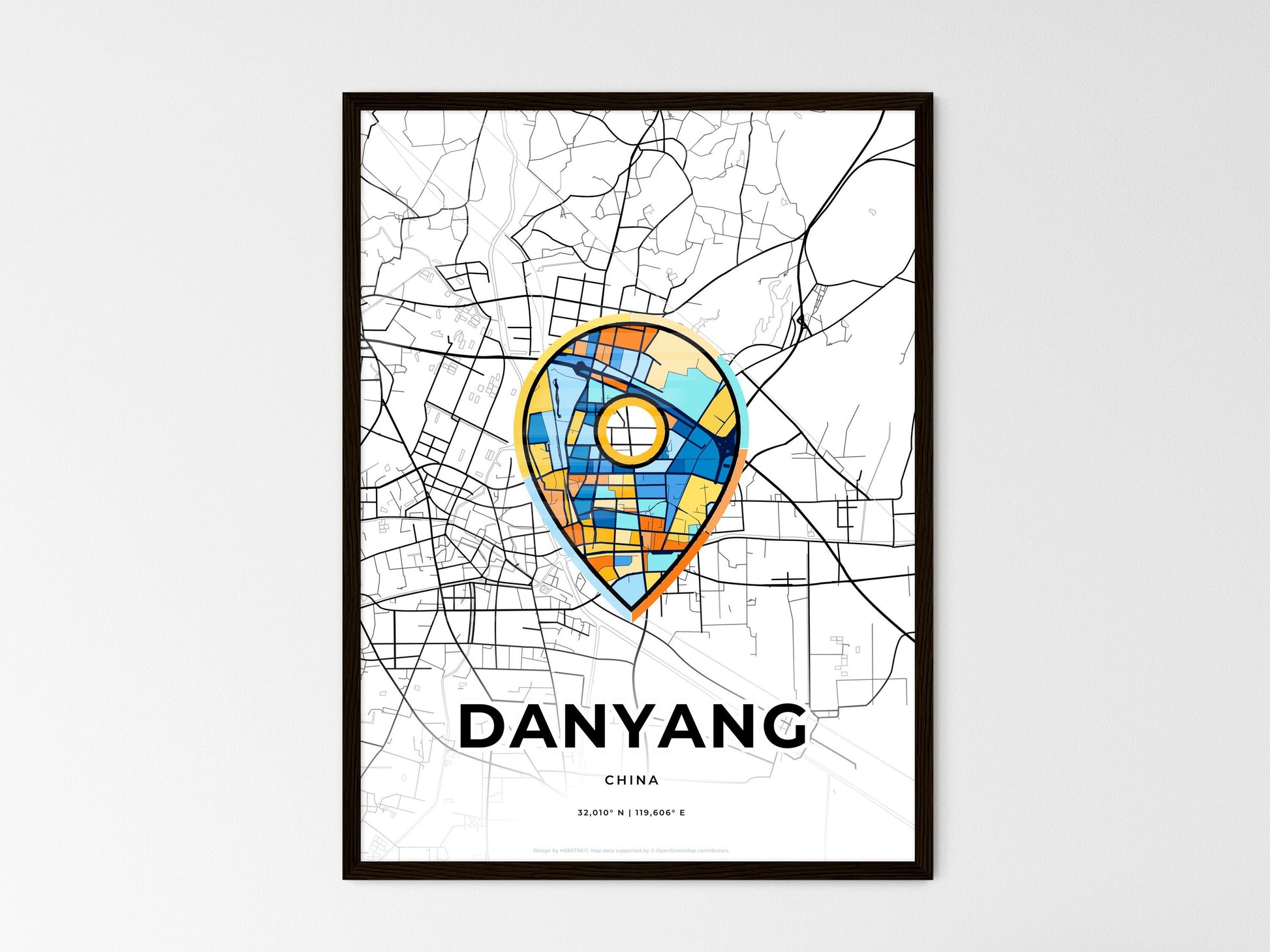 DANYANG CHINA minimal art map with a colorful icon. Where it all began, Couple map gift. Style 1