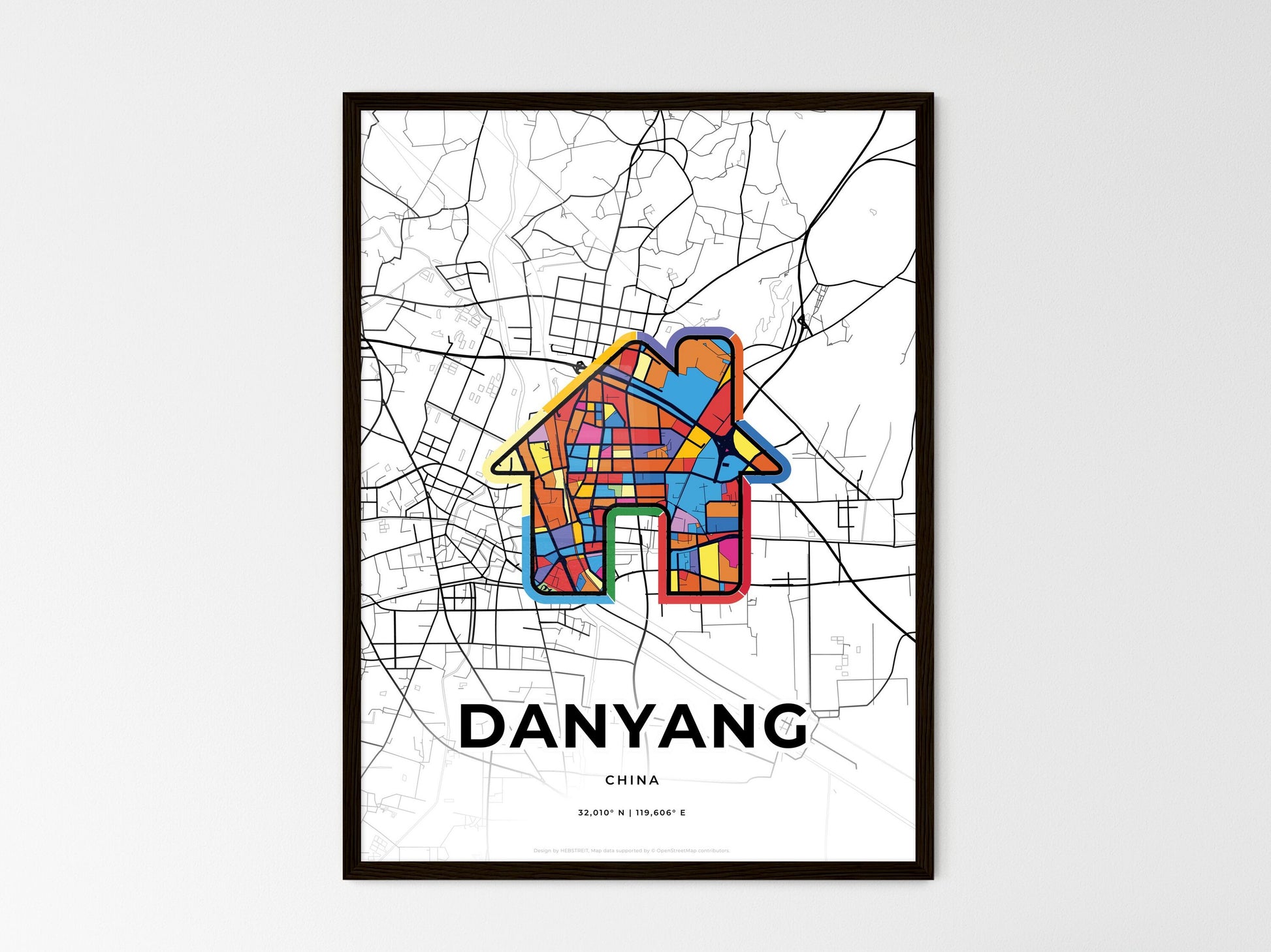 DANYANG CHINA minimal art map with a colorful icon. Where it all began, Couple map gift. Style 3
