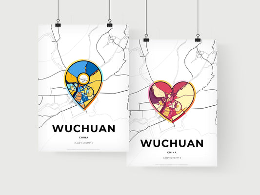 WUCHUAN CHINA minimal art map with a colorful icon. Where it all began, Couple map gift.