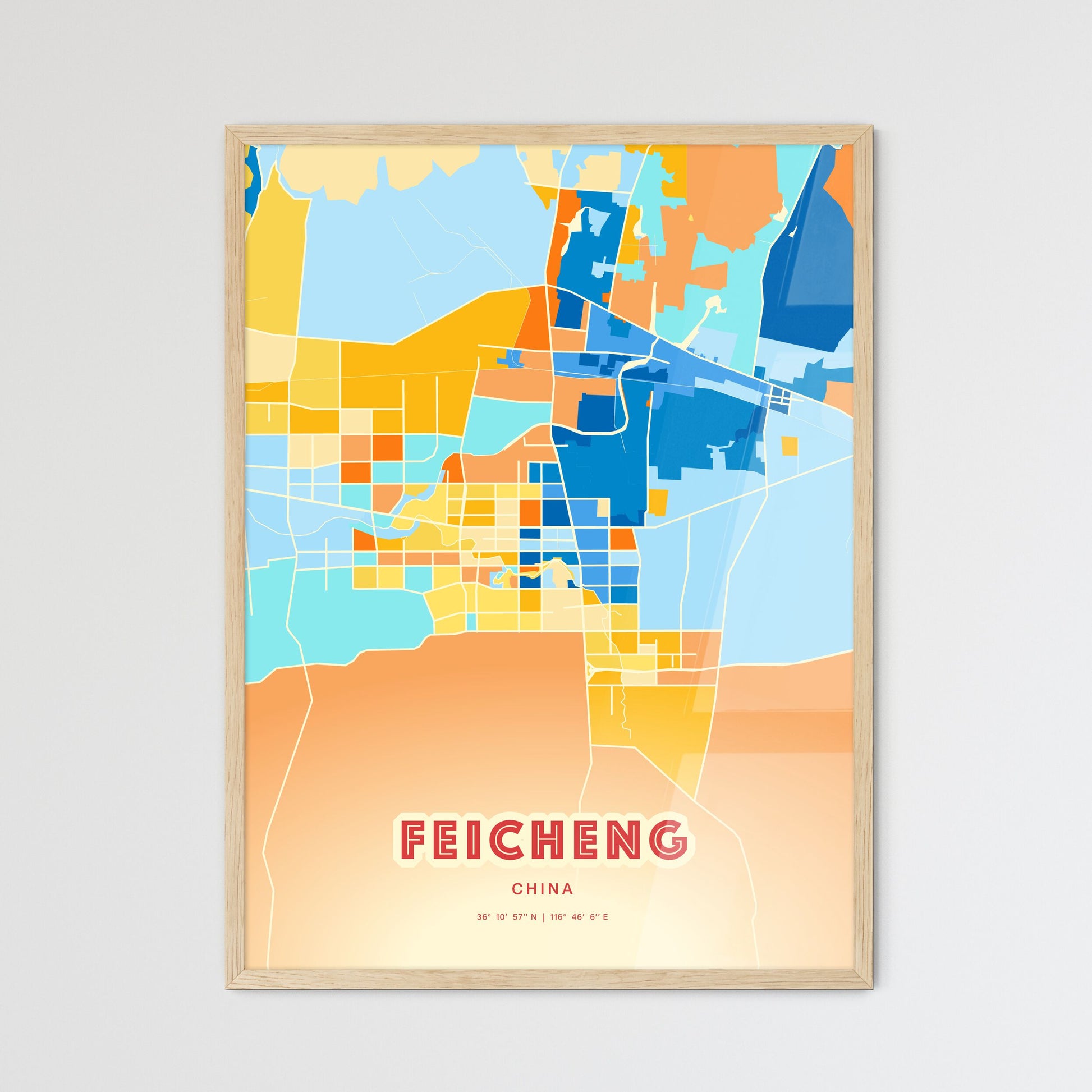 Colorful FEICHENG CHINA Fine Art Map Blue Orange