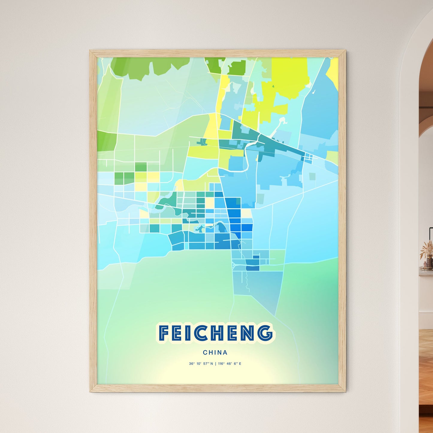 Colorful FEICHENG CHINA Fine Art Map Cool Blue