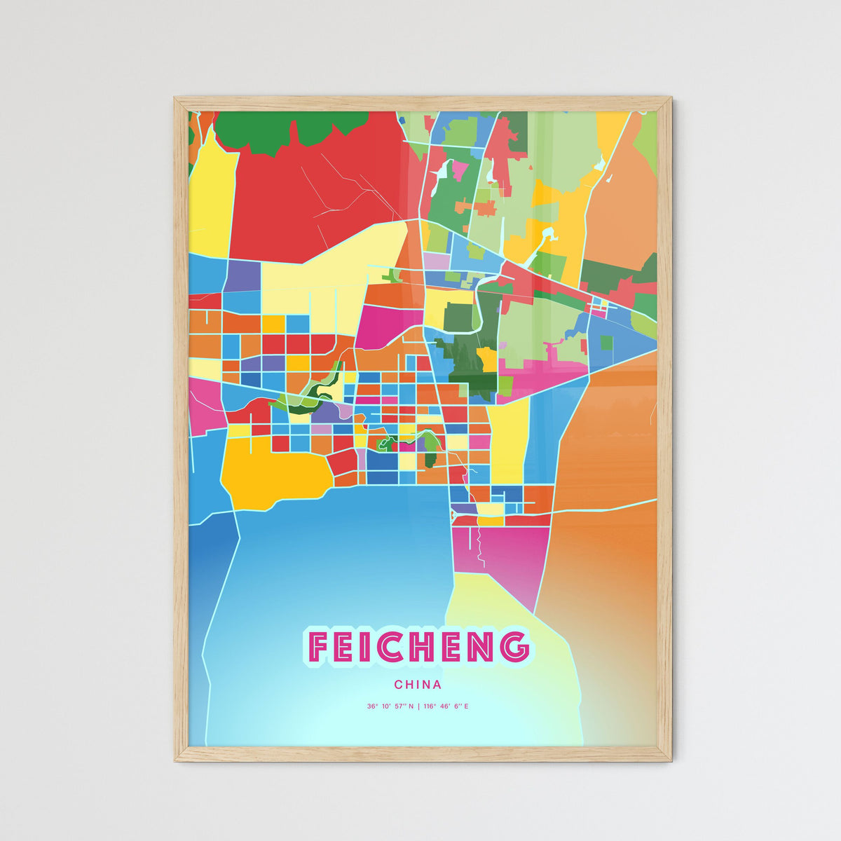 Colorful FEICHENG CHINA Fine Art Map Crazy Colors