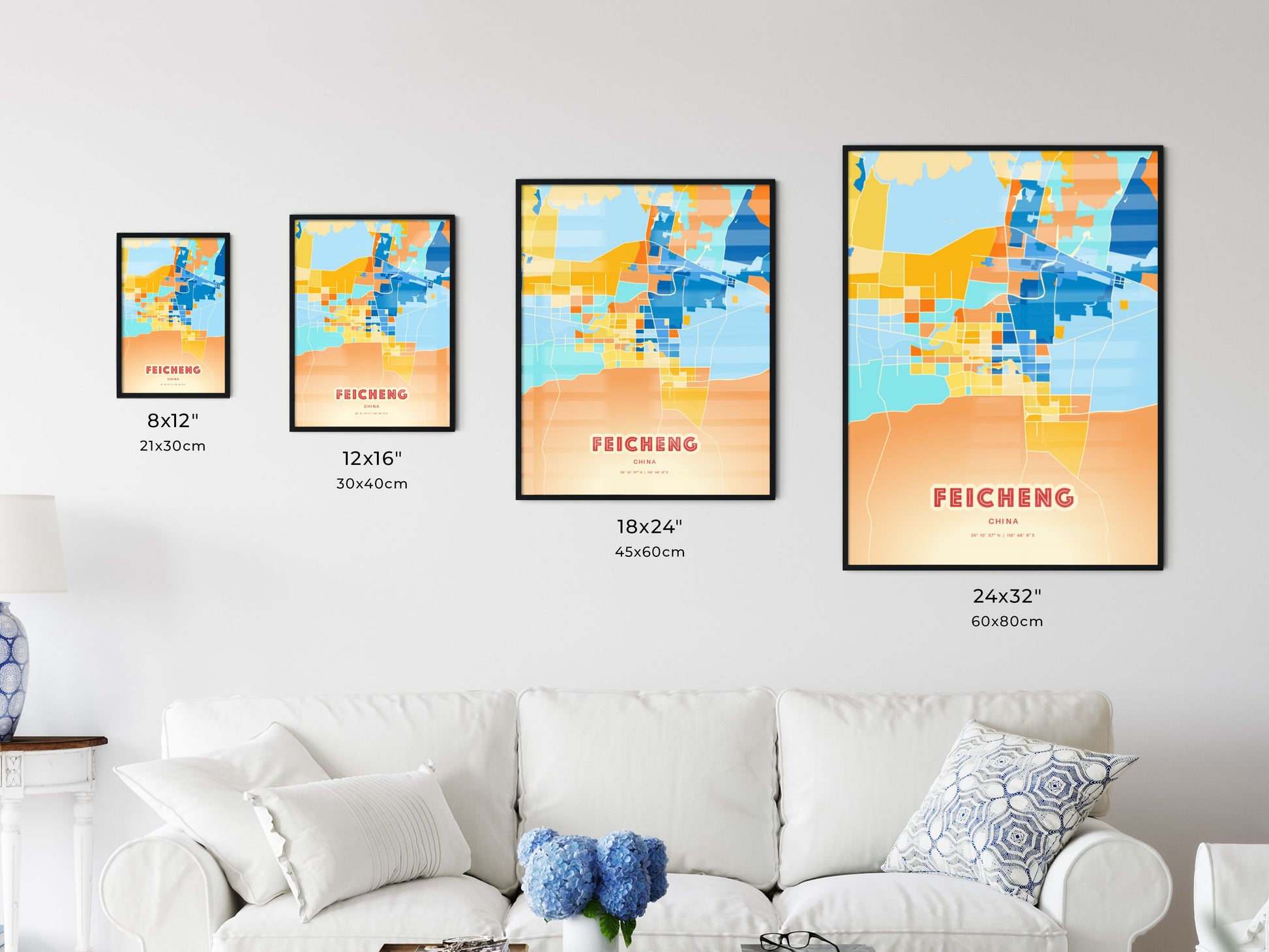 Colorful FEICHENG CHINA Fine Art Map Blue Orange