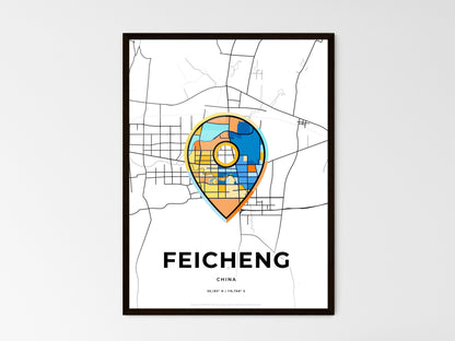 FEICHENG CHINA minimal art map with a colorful icon. Where it all began, Couple map gift. Style 1