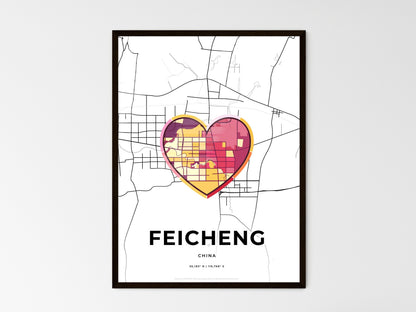 FEICHENG CHINA minimal art map with a colorful icon. Where it all began, Couple map gift. Style 2