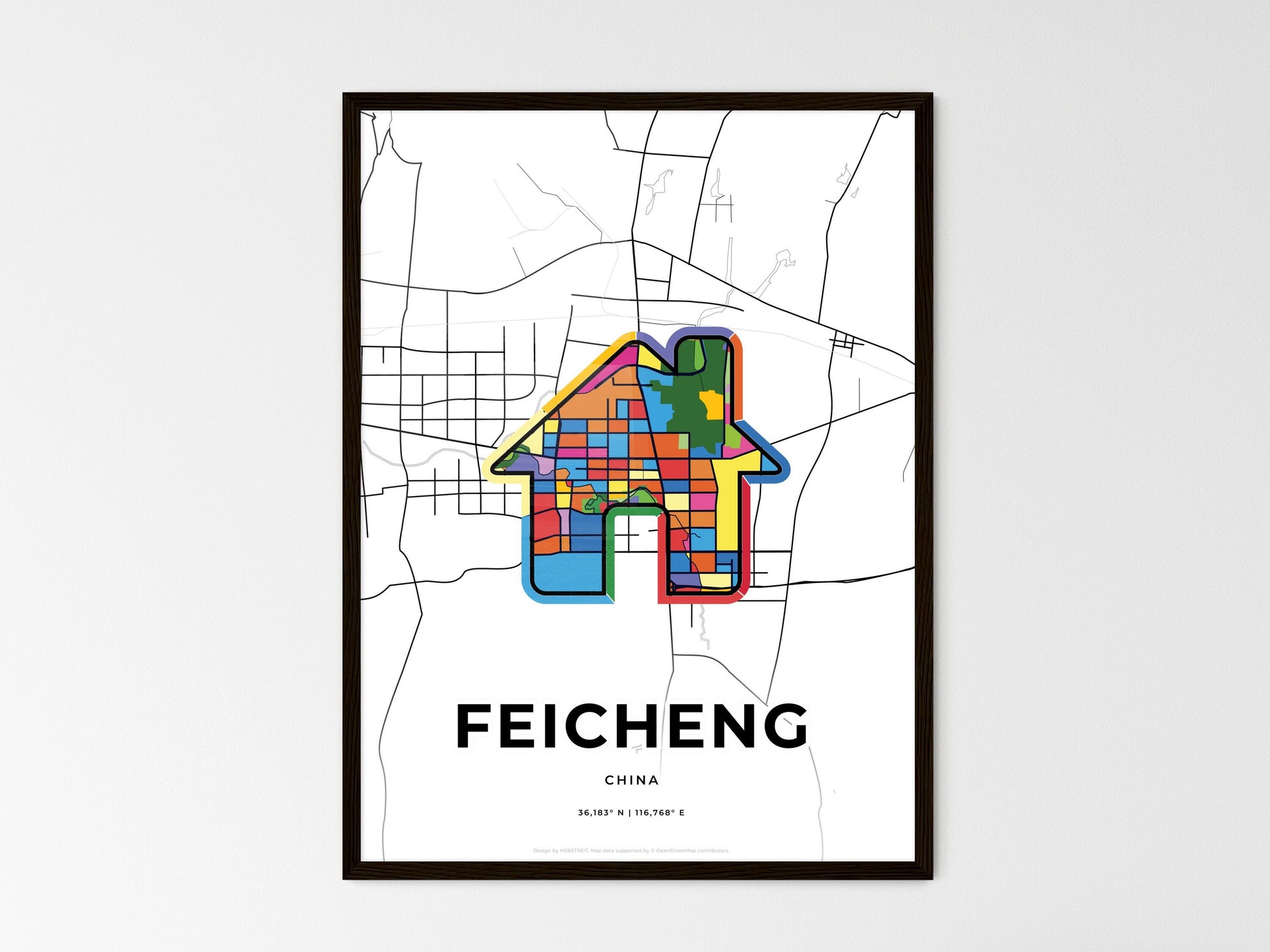 FEICHENG CHINA minimal art map with a colorful icon. Where it all began, Couple map gift. Style 3