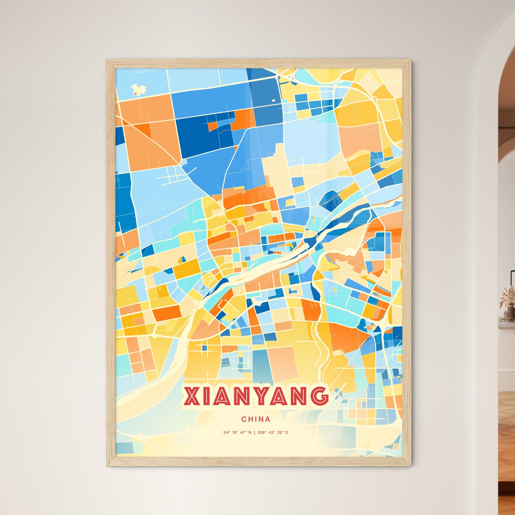 Colorful XIANYANG CHINA Fine Art Map Blue Orange