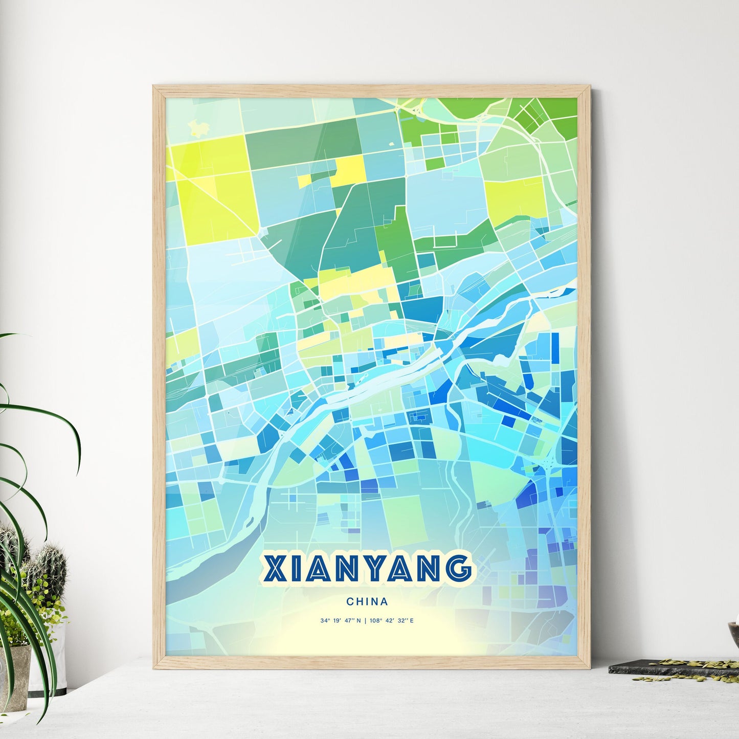 Colorful XIANYANG CHINA Fine Art Map Cool Blue