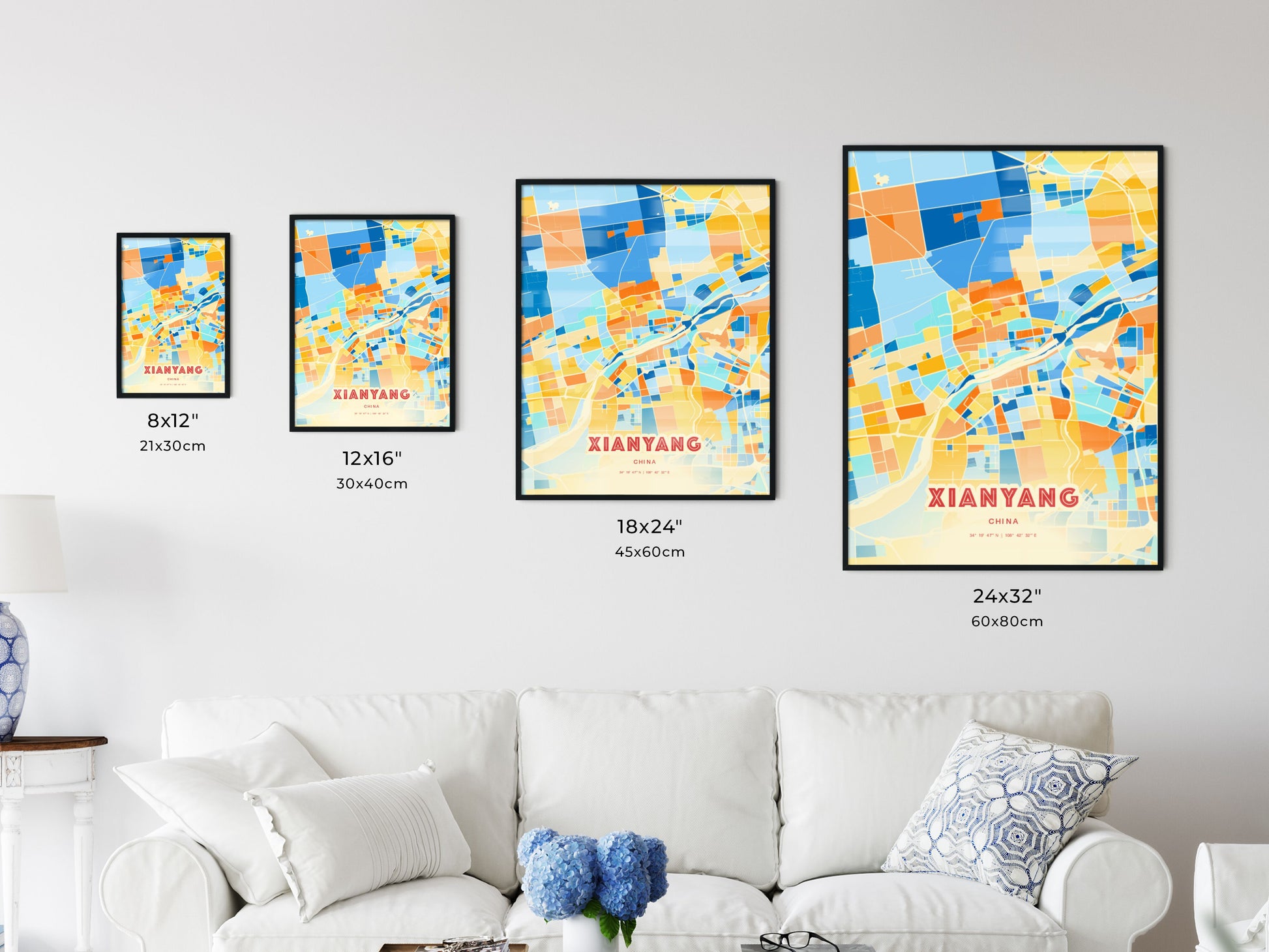 Colorful XIANYANG CHINA Fine Art Map Blue Orange