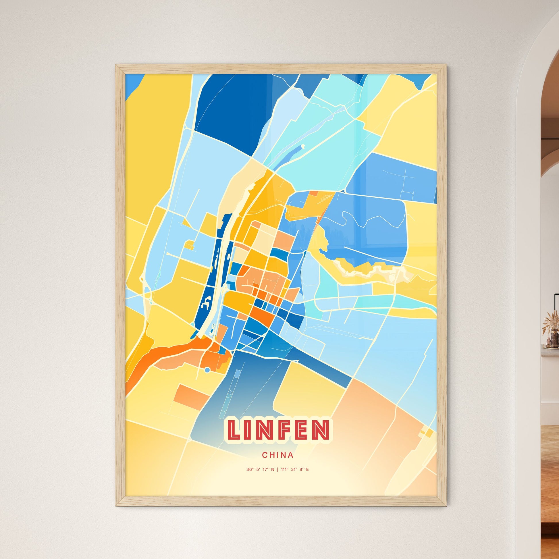 Colorful LINFEN CHINA Fine Art Map Blue Orange