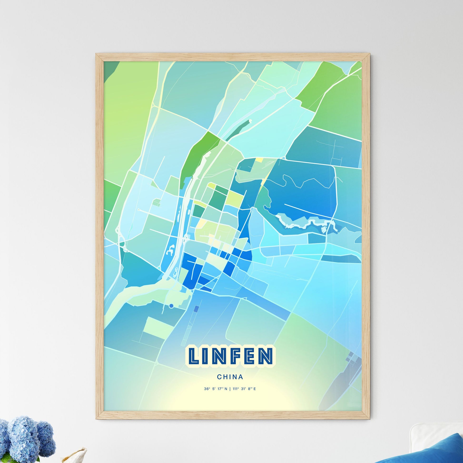 Colorful LINFEN CHINA Fine Art Map Cool Blue