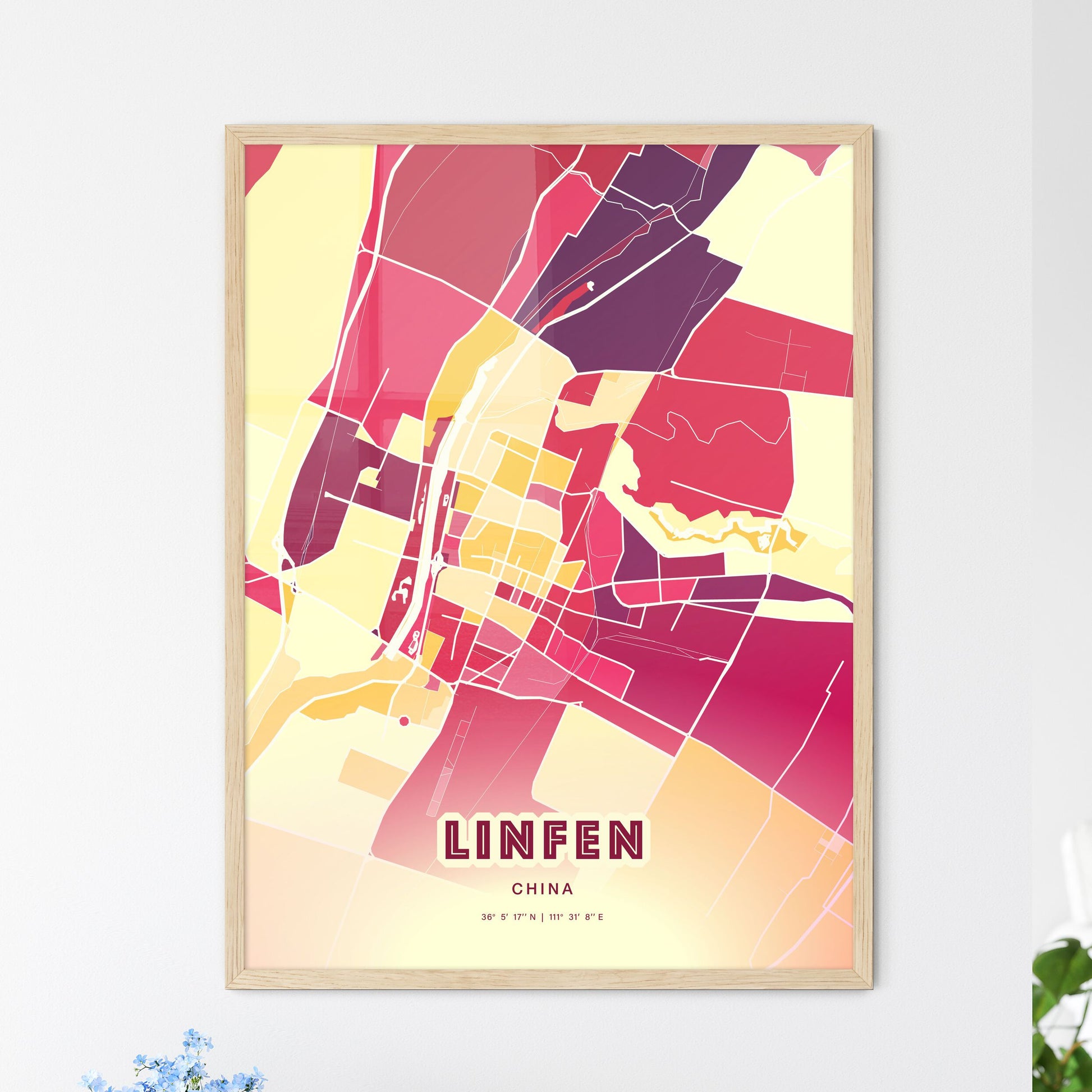 Colorful LINFEN CHINA Fine Art Map Hot Red