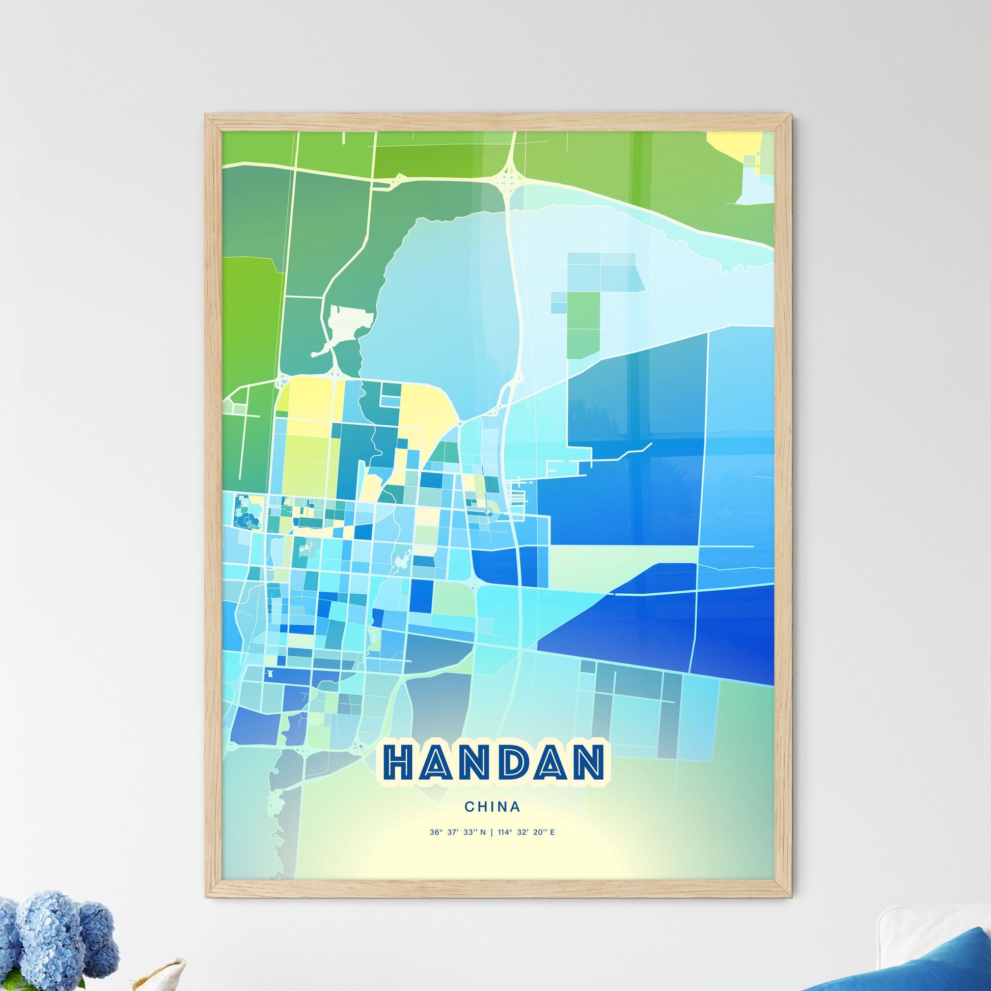 Colorful HANDAN CHINA Fine Art Map Cool Blue