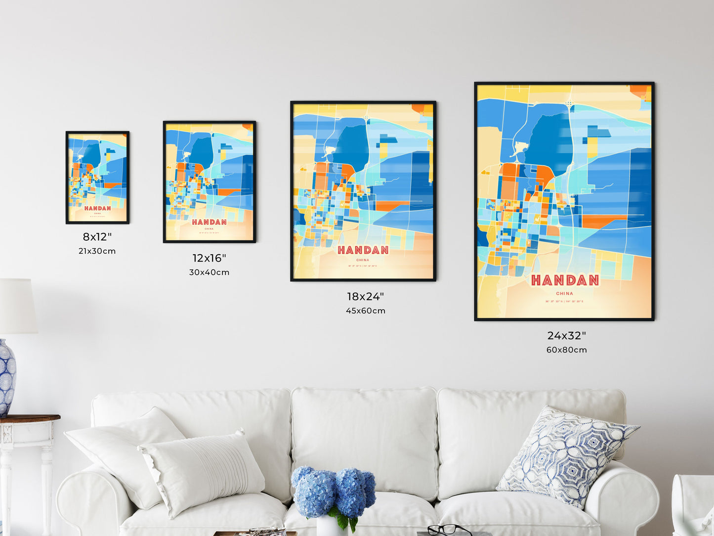 Colorful HANDAN CHINA Fine Art Map Blue Orange