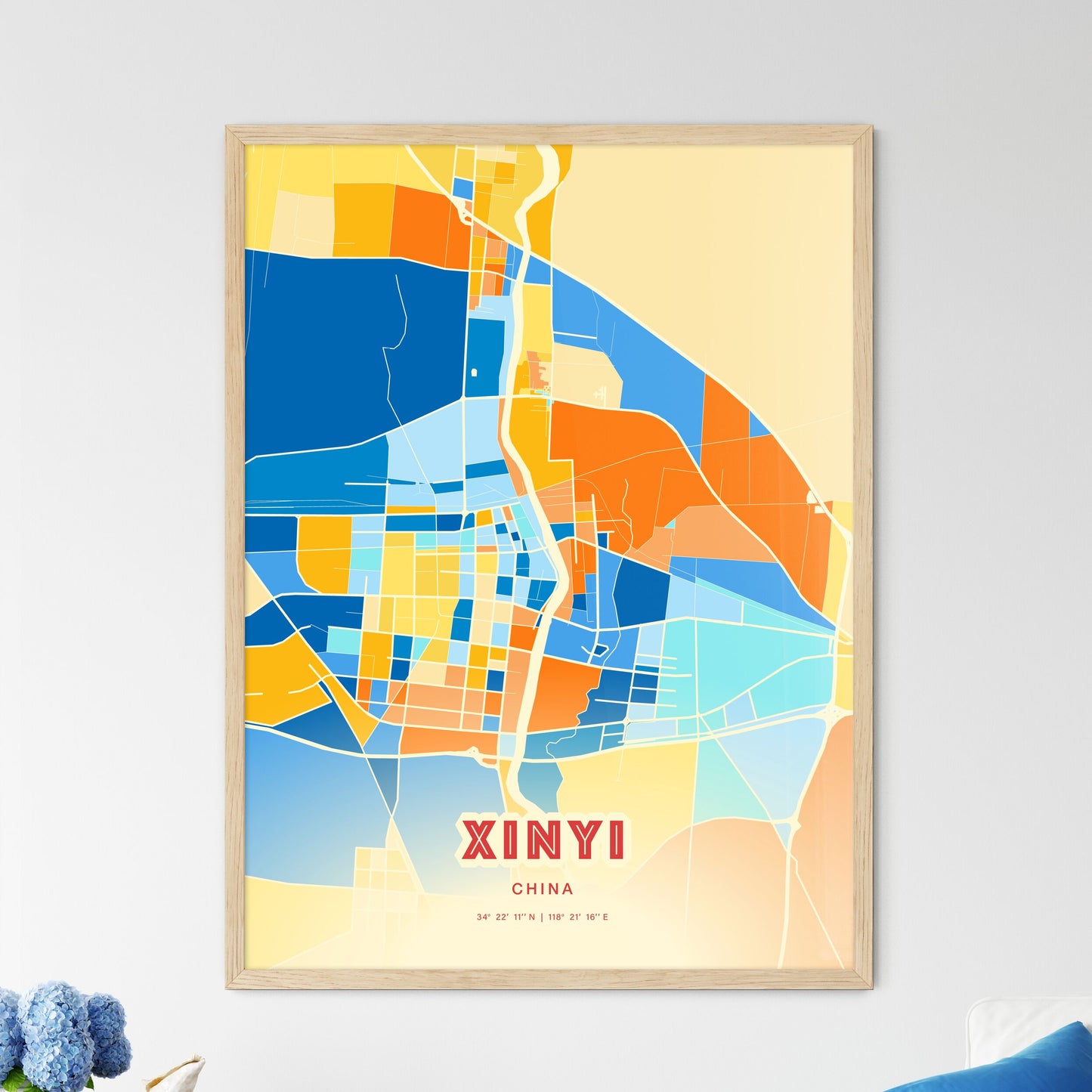 Colorful XINYI CHINA Fine Art Map Blue Orange