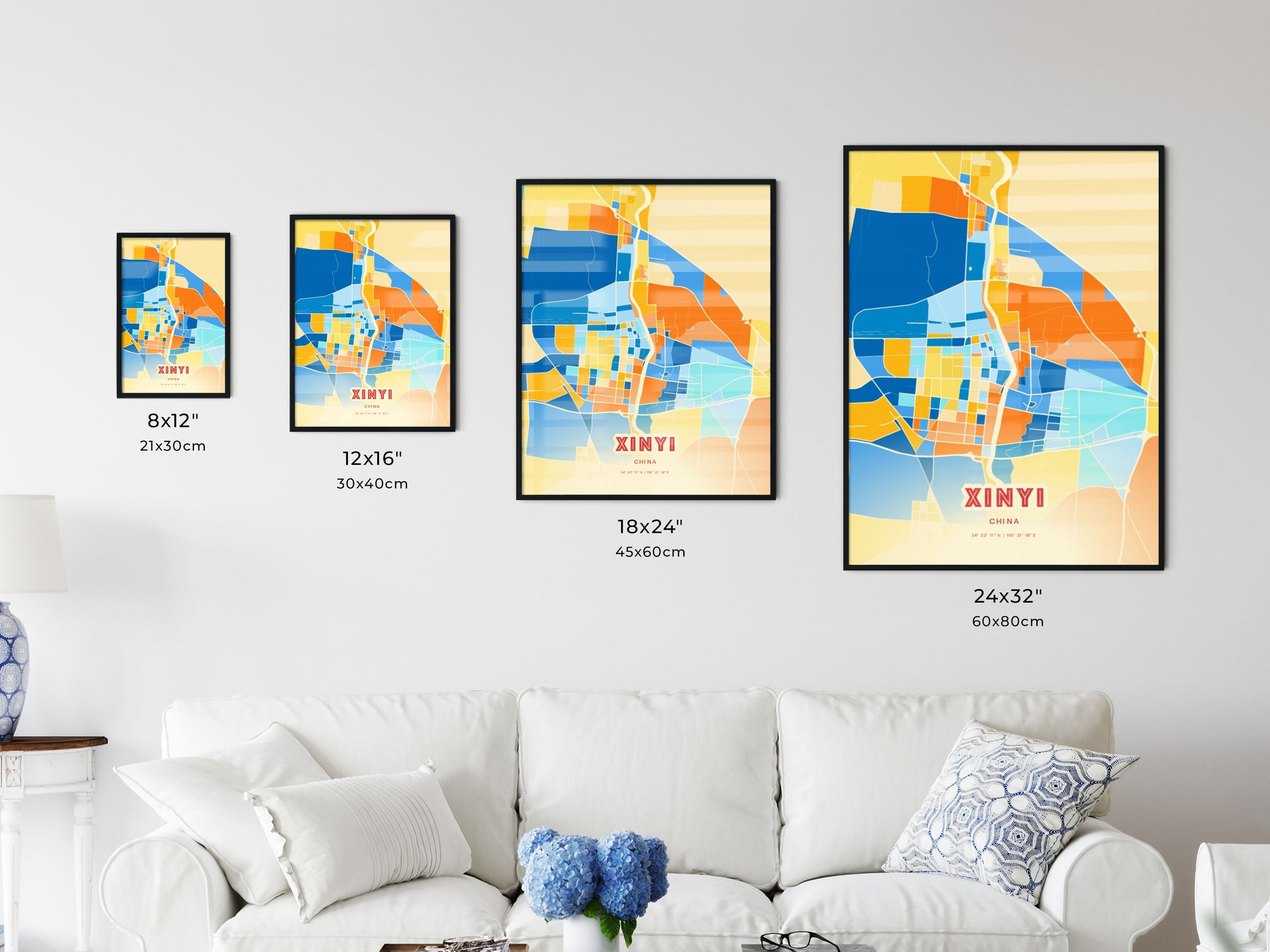 Colorful XINYI CHINA Fine Art Map Blue Orange