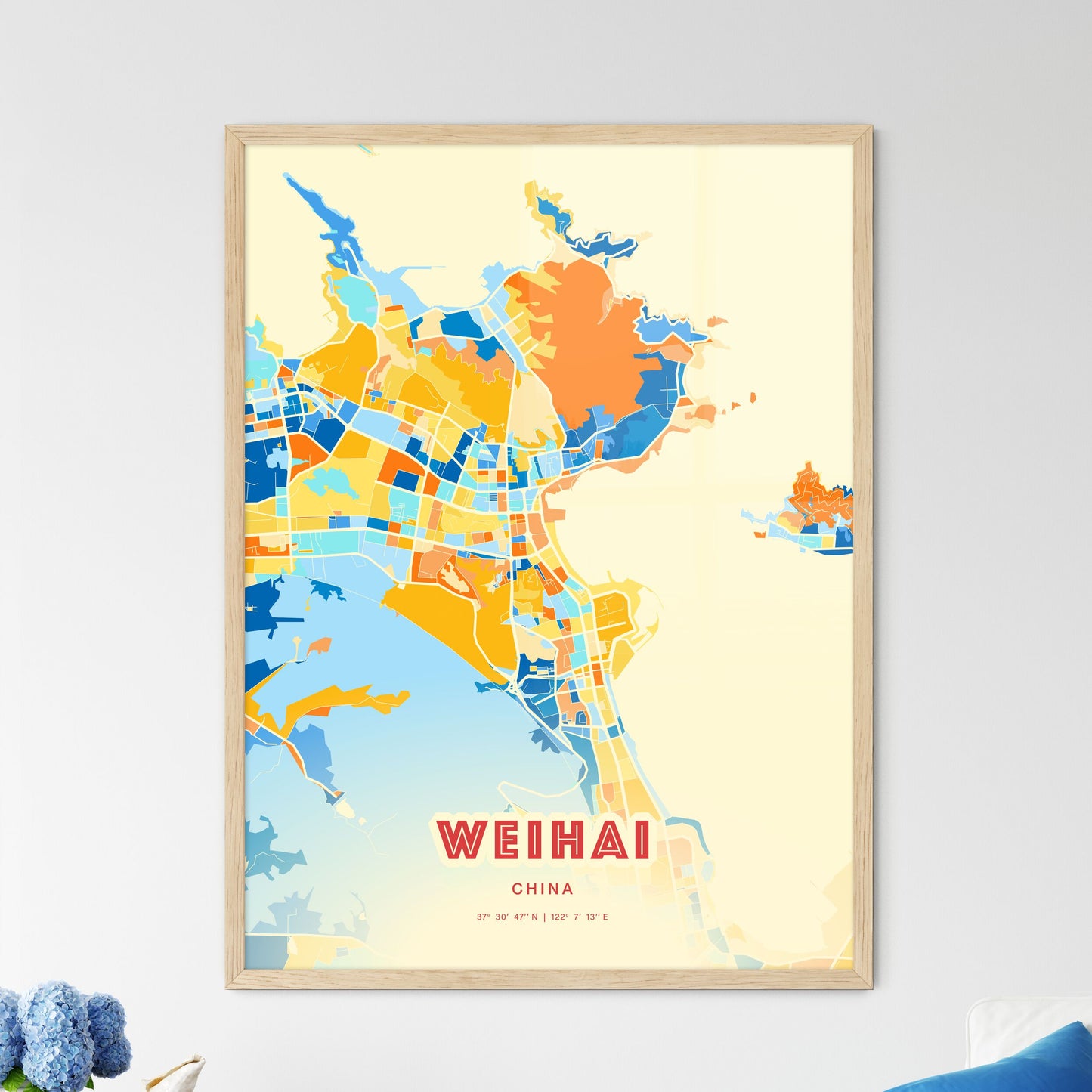 Colorful WEIHAI CHINA Fine Art Map Blue Orange