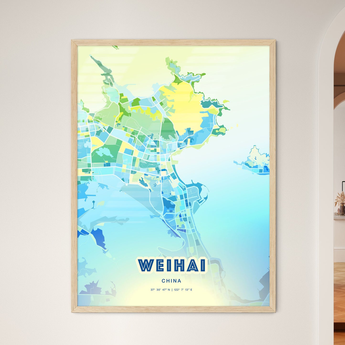 Colorful WEIHAI CHINA Fine Art Map Cool Blue