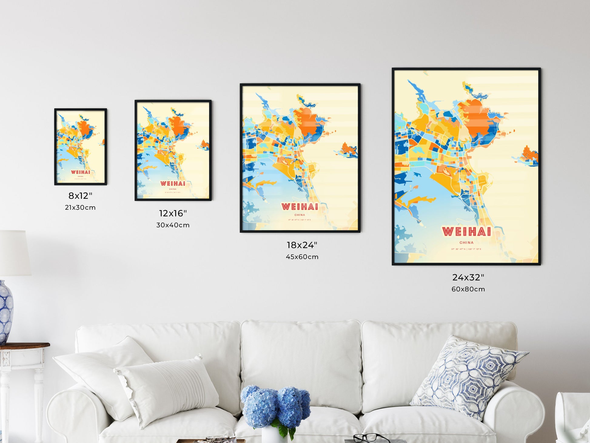 Colorful WEIHAI CHINA Fine Art Map Blue Orange