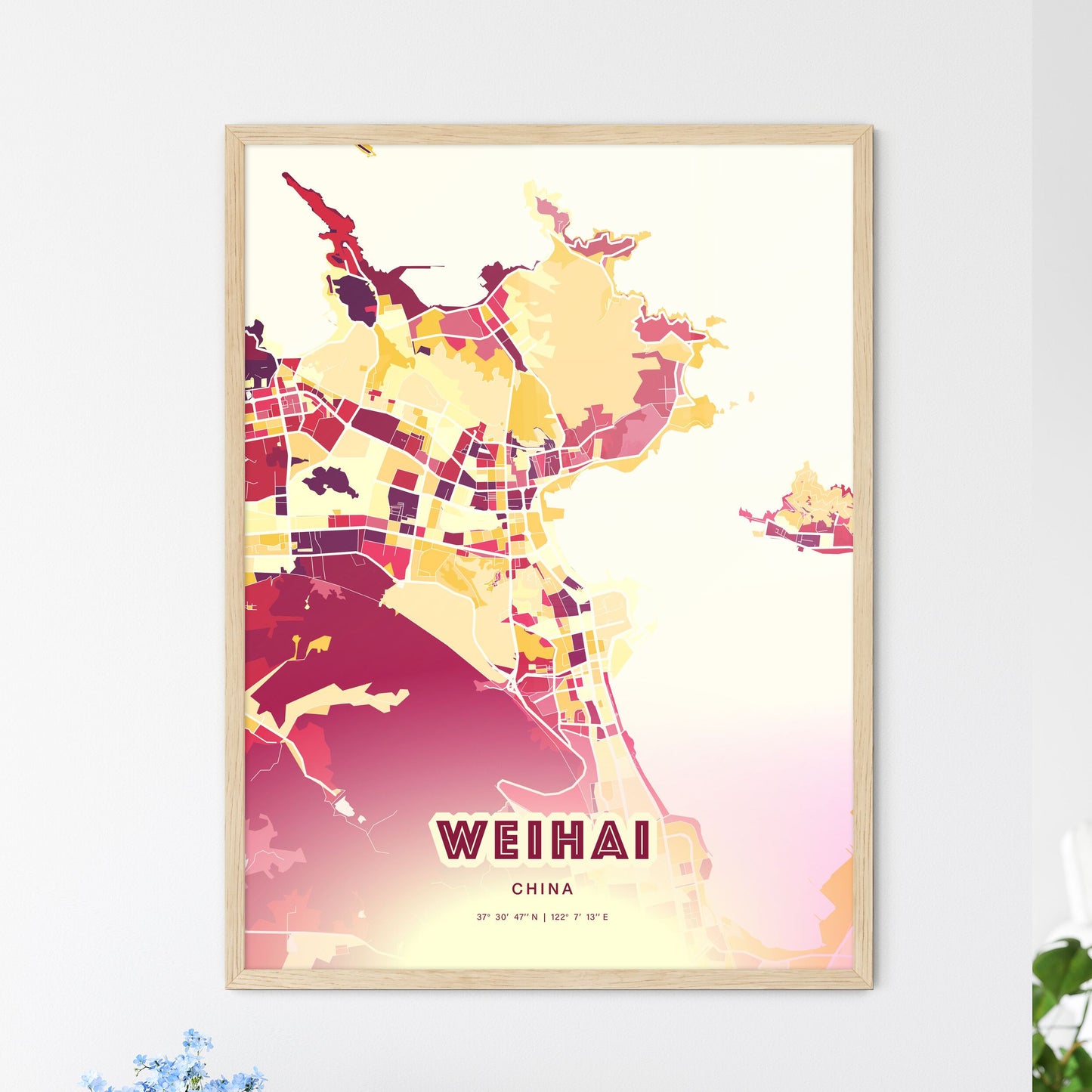 Colorful WEIHAI CHINA Fine Art Map Hot Red