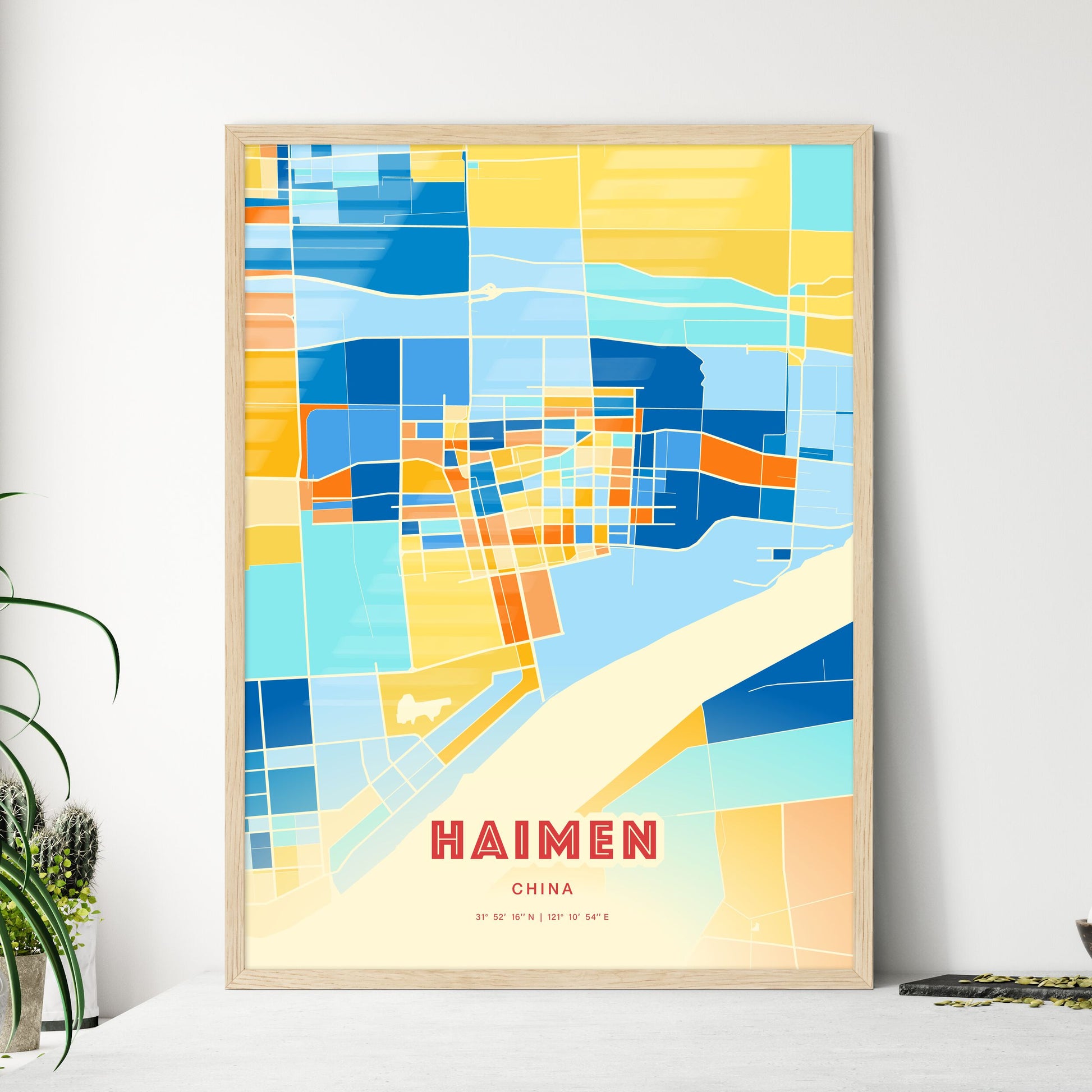 Colorful HAIMEN CHINA Fine Art Map Blue Orange