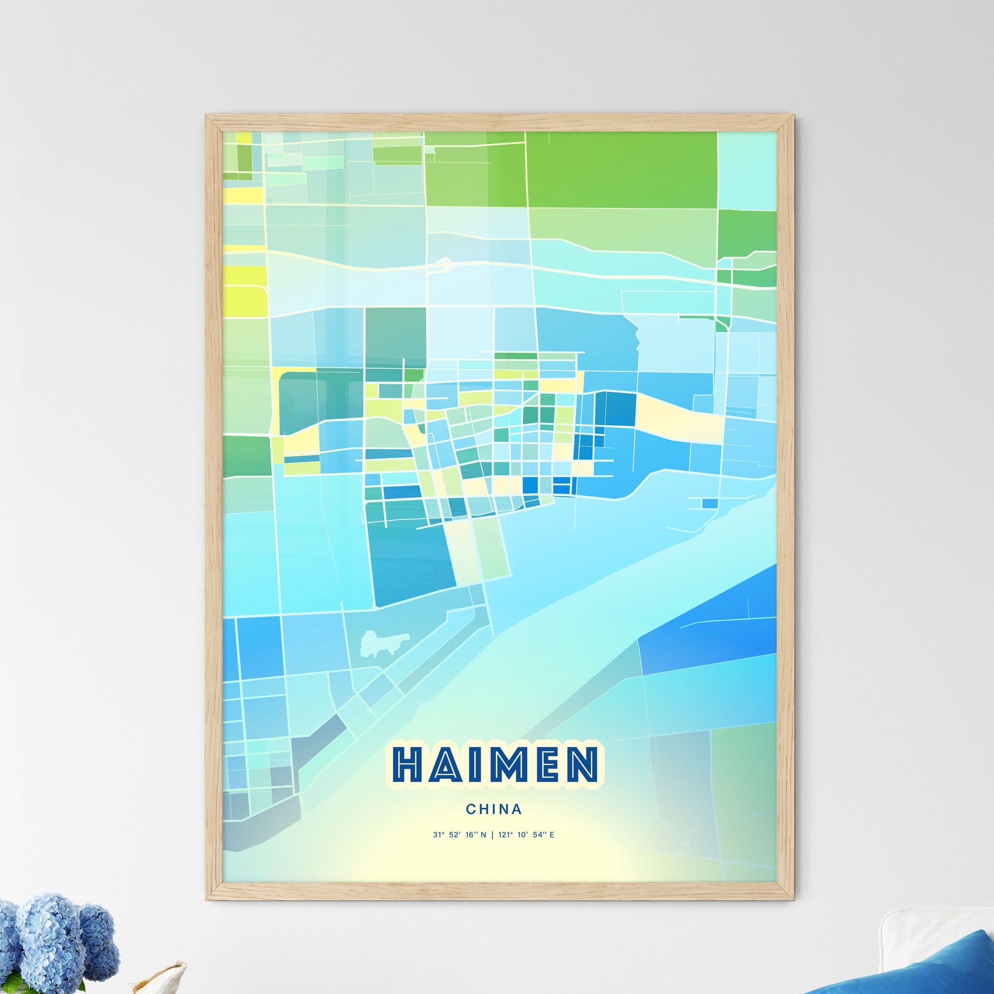 Colorful HAIMEN CHINA Fine Art Map Cool Blue