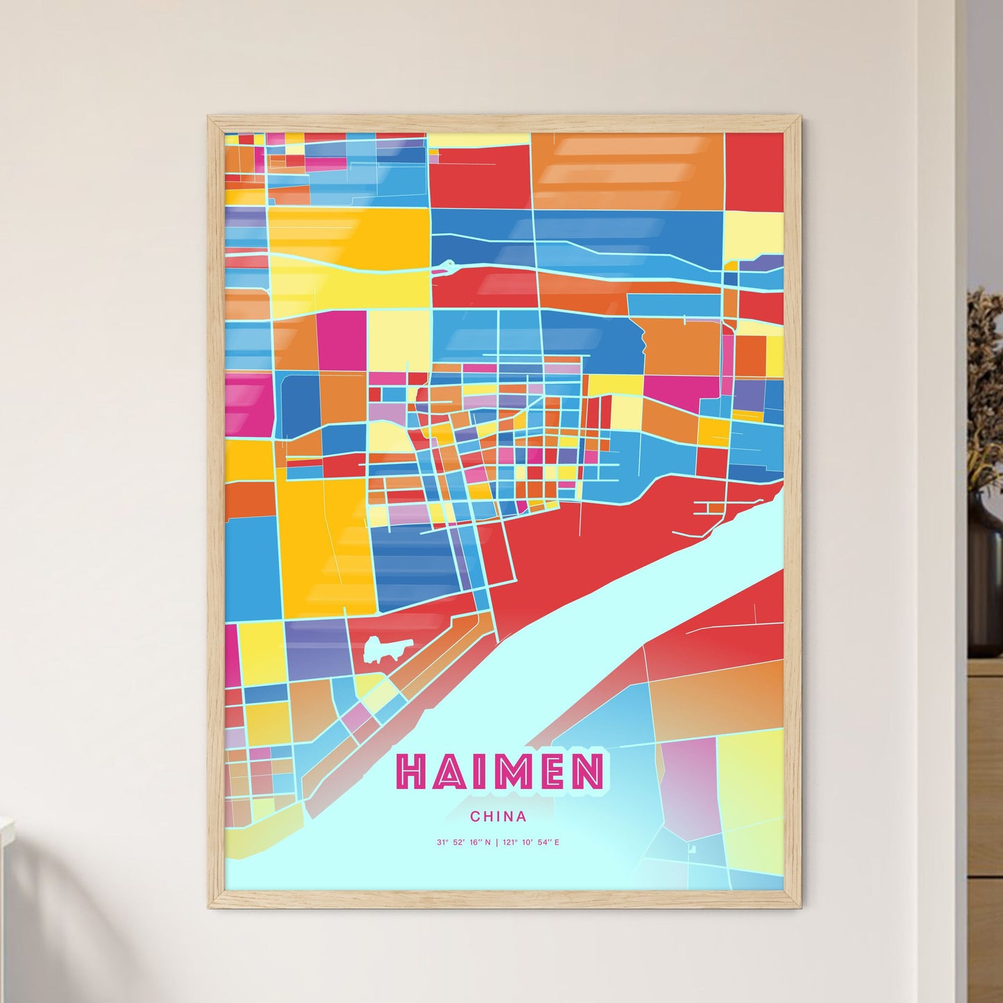 Colorful HAIMEN CHINA Fine Art Map Crazy Colors