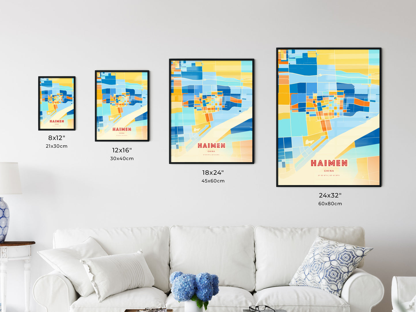 Colorful HAIMEN CHINA Fine Art Map Blue Orange