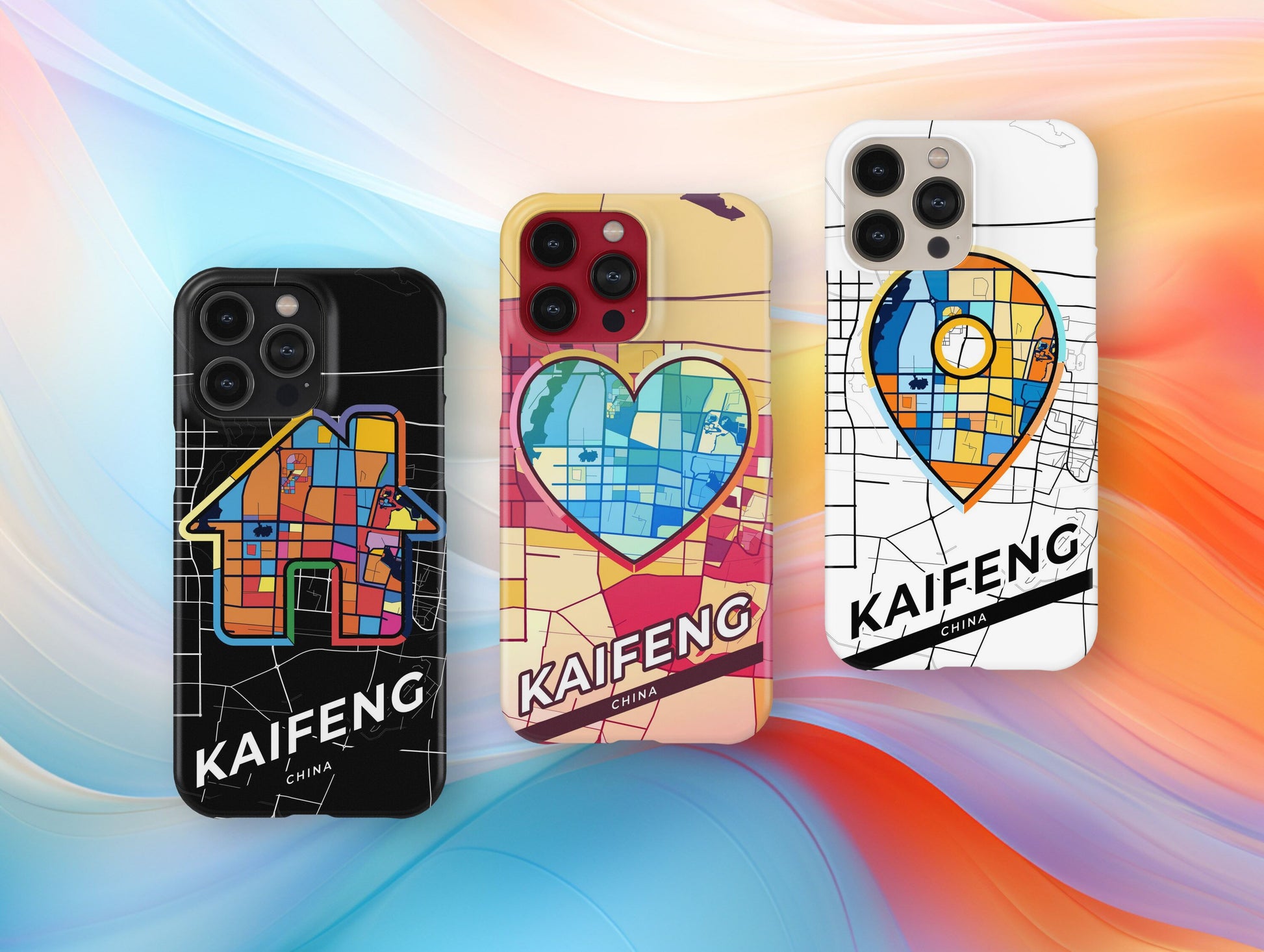 Kaifeng China slim phone case with colorful icon. Birthday, wedding or housewarming gift. Couple match cases.