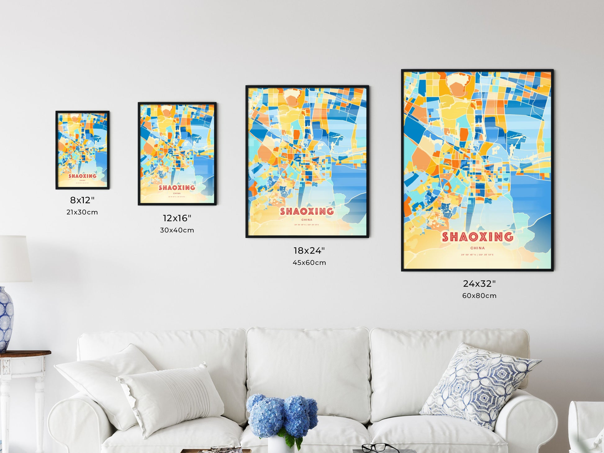 Colorful SHAOXING CHINA Fine Art Map Blue Orange