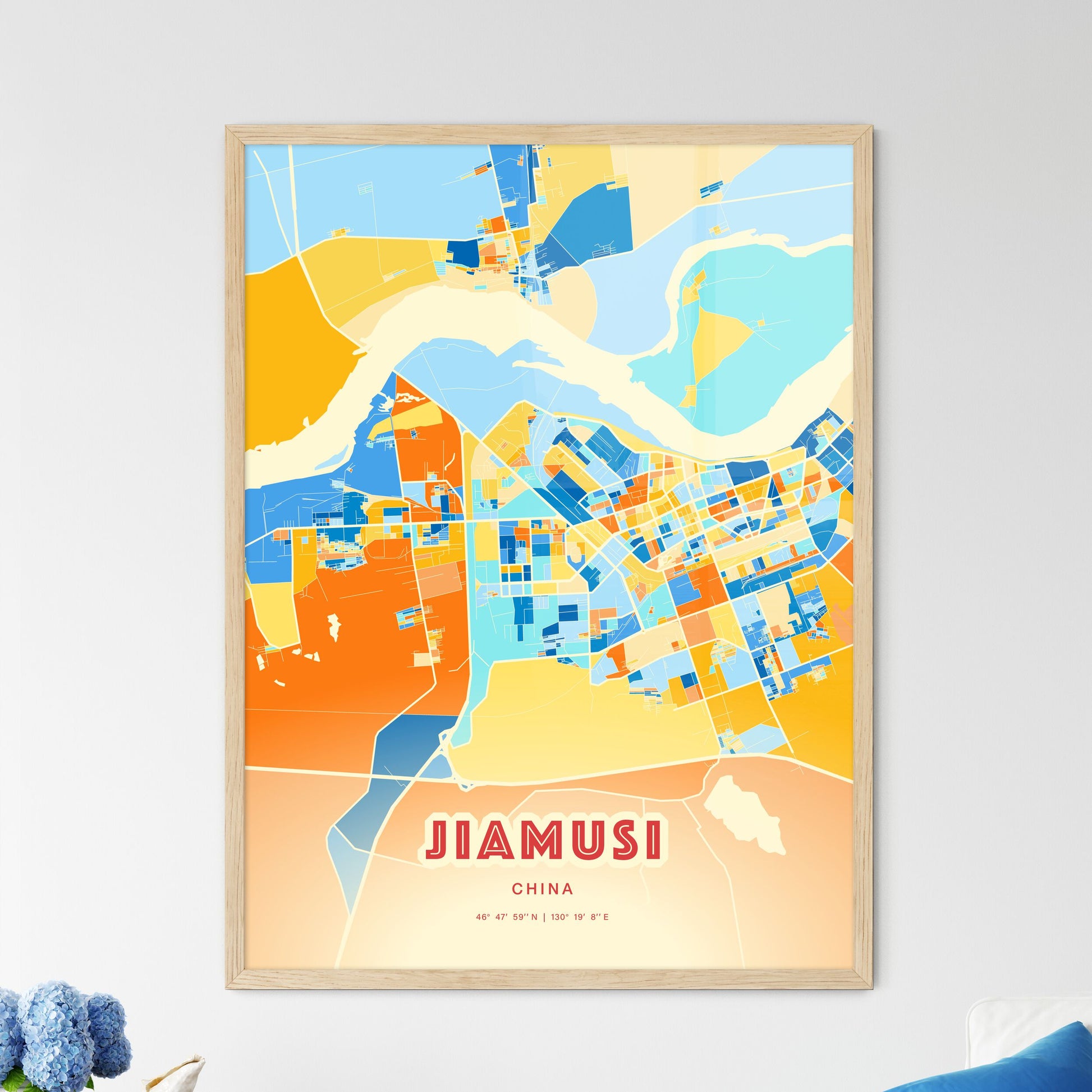 Colorful JIAMUSI CHINA Fine Art Map Blue Orange