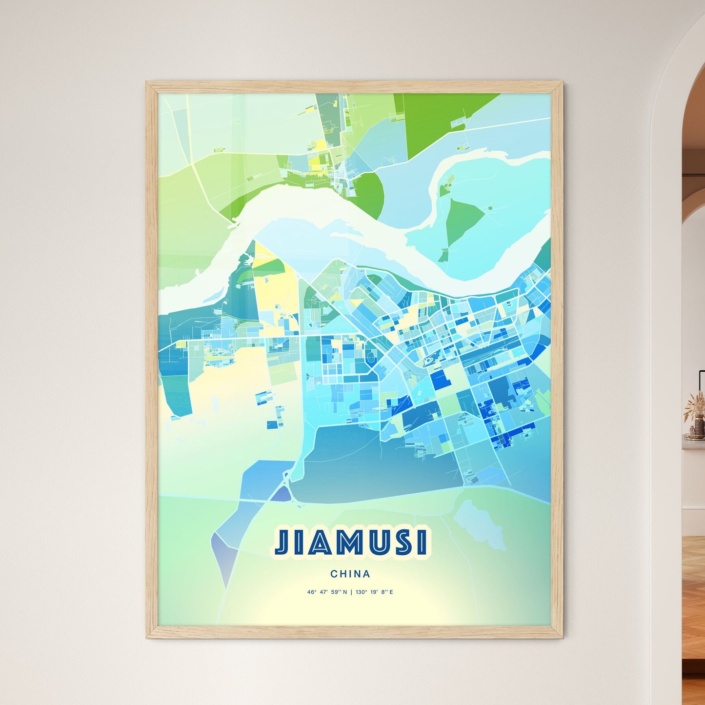 Colorful JIAMUSI CHINA Fine Art Map Cool Blue