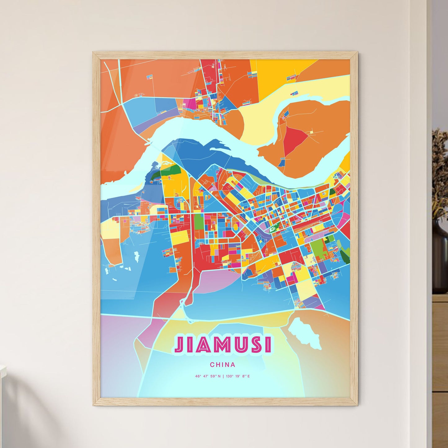 Colorful JIAMUSI CHINA Fine Art Map Crazy Colors