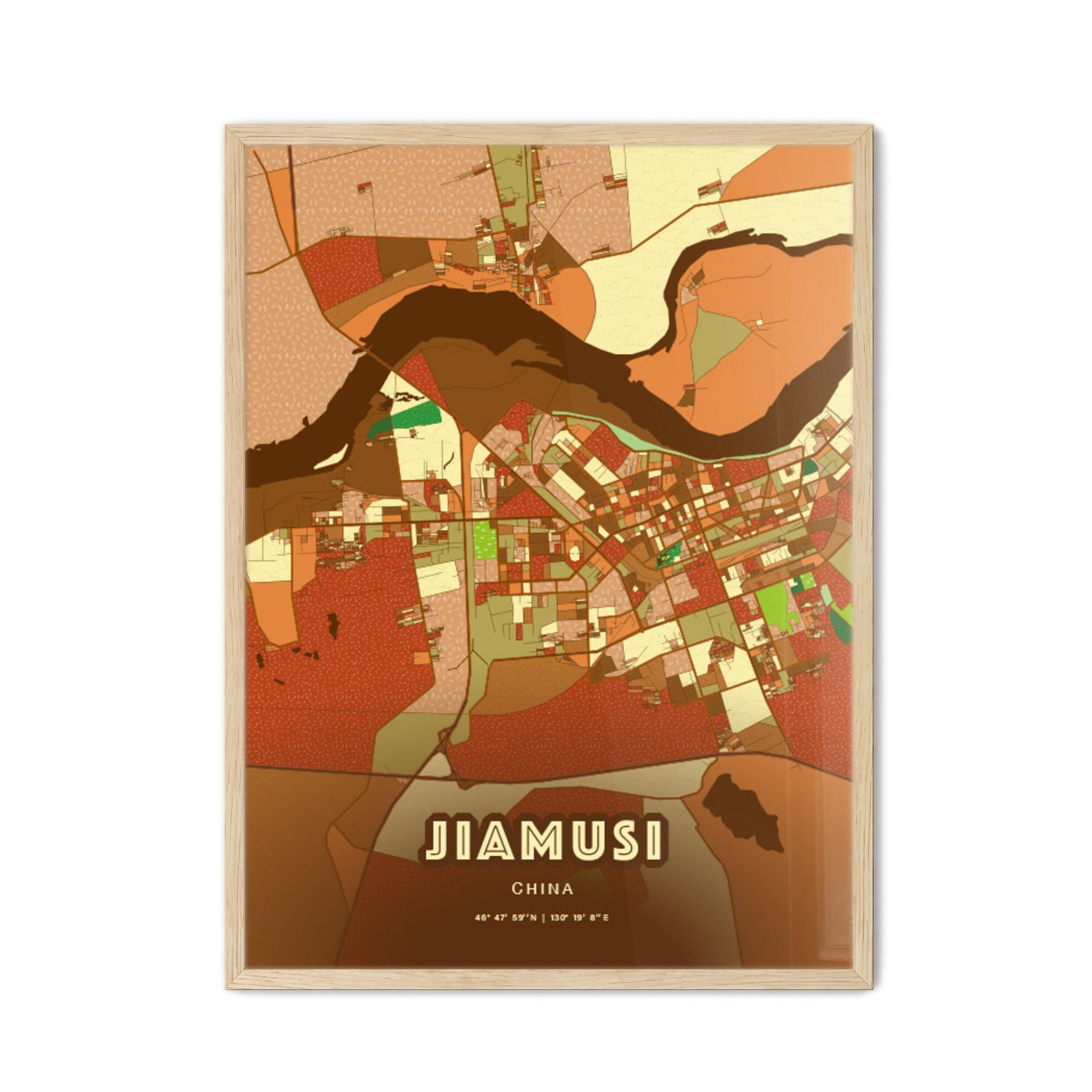 Colorful JIAMUSI CHINA Fine Art Map Farmhouse