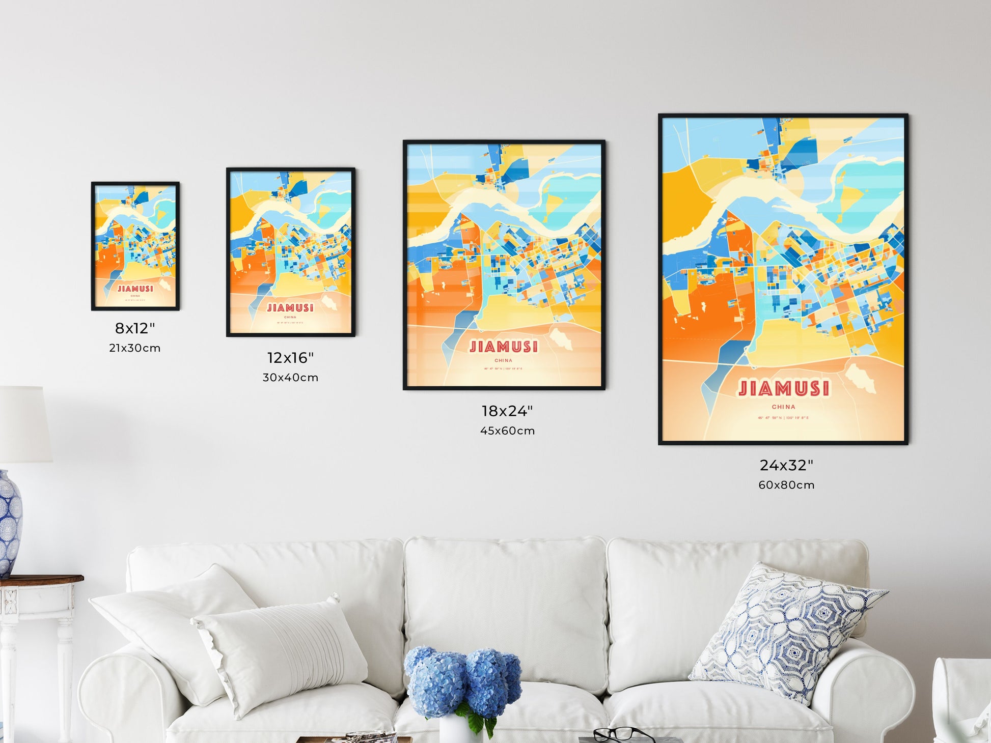 Colorful JIAMUSI CHINA Fine Art Map Blue Orange