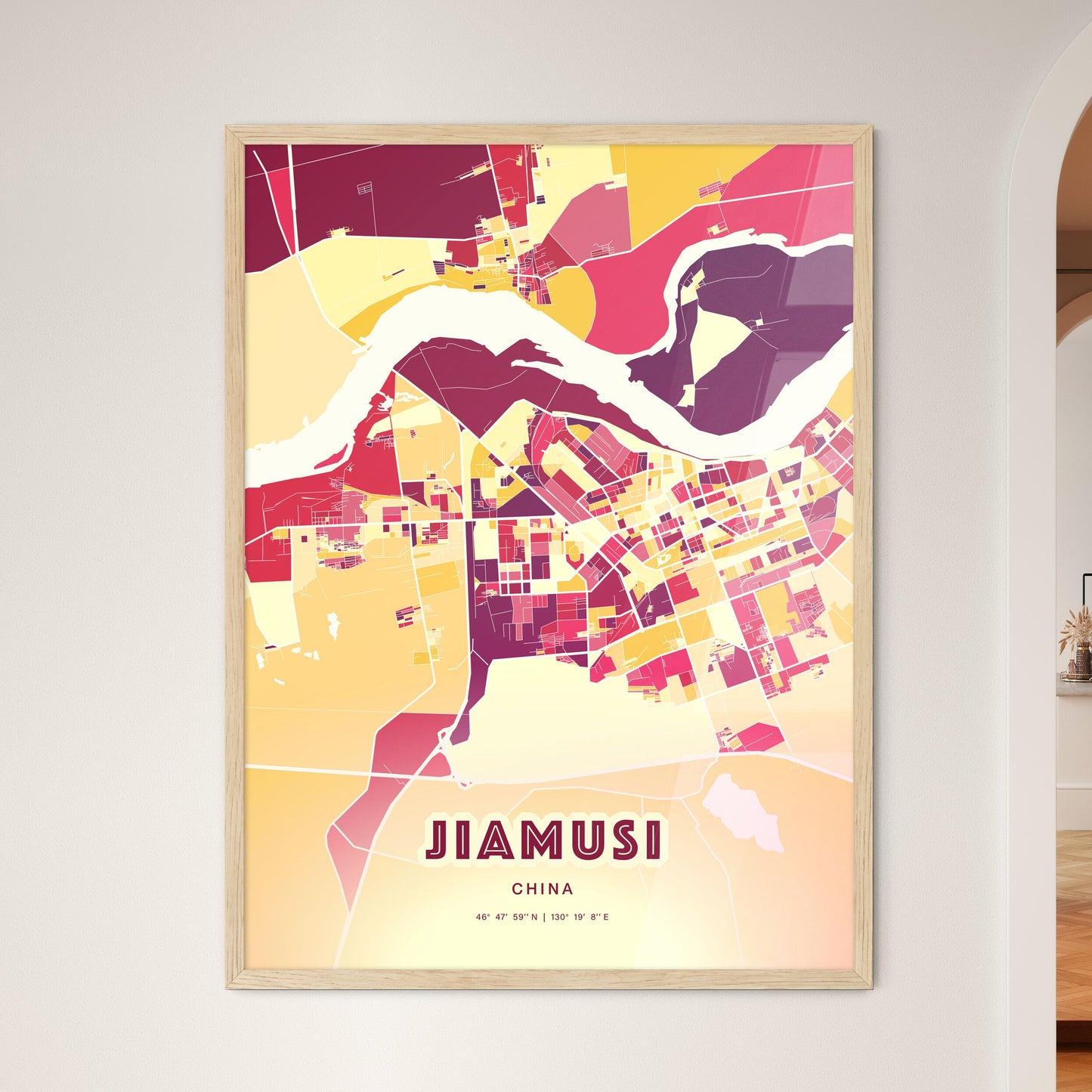 Colorful JIAMUSI CHINA Fine Art Map Hot Red