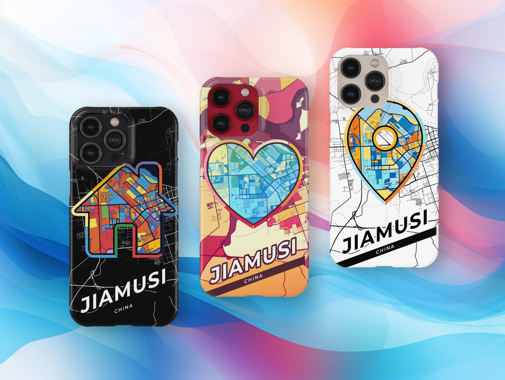Jiamusi China slim phone case with colorful icon. Birthday, wedding or housewarming gift. Couple match cases.