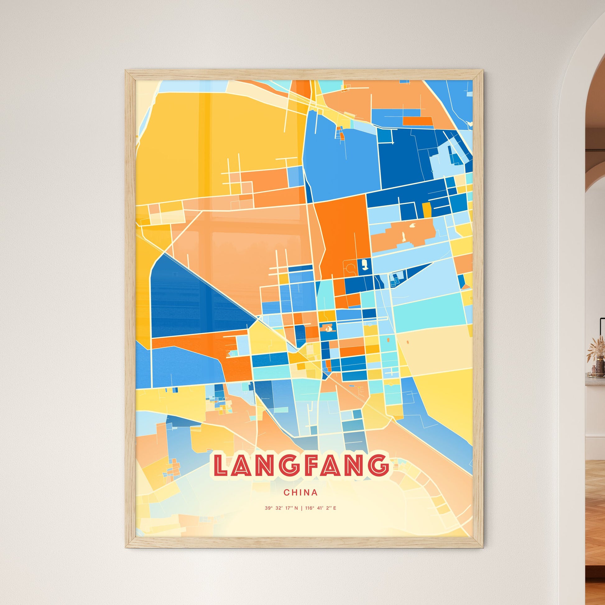 Colorful LANGFANG CHINA Fine Art Map Blue Orange